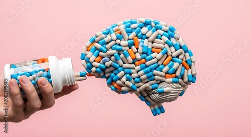Pills forming a brain shape medication mental health and cognitive function