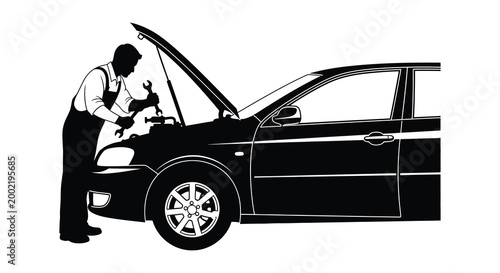 mechanic working on car engine silhouette high quality professional detailed modern elegant stylish clean crisp vibrant colorful digital creative innovative contemporary