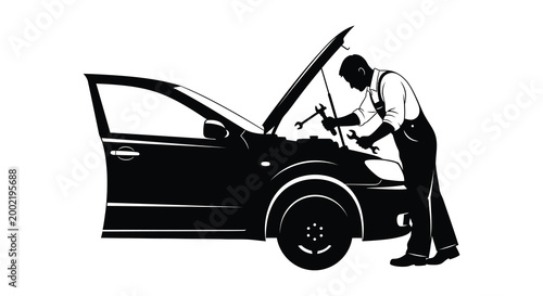 mechanic working on car silhouette high quality professional detailed modern elegant stylish clean crisp vibrant colorful digital creative innovative contemporary premium