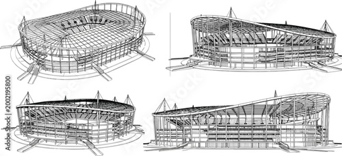 Modern Stadium Structural Wireframe Architecture Illustration Set with Multiple Perspective Views Sports Arena Engineering Vector Collection