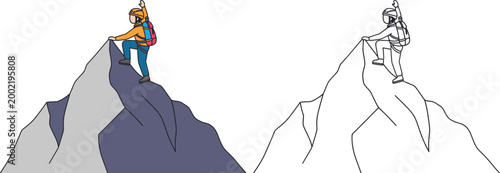 Cartoon Mountain Climber Reaching Summit Achievement and Adventure