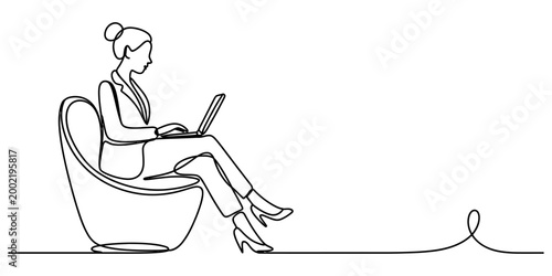 Business woman sitting in a modern chair working on a laptop computer as a continuous single line drawing art style for professional office concept Vector, illustration