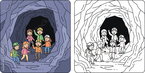 Happy Cartoon Children Exploring a Dark Cave with Helmets Adventure