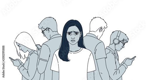 Digital Isolation Concept Illustration Featuring a Person Surrounded by Others Engaged in Phones, Ideal for Social Media and Mental Health Designs