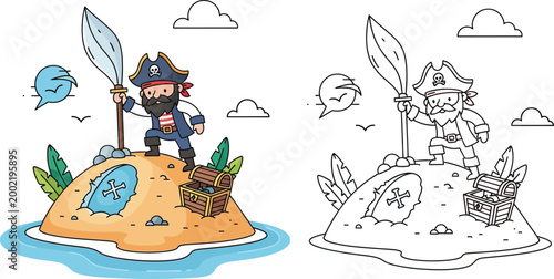 Cartoon Pirate on Treasure Island with Shovel Map and Chest