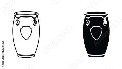 Konstfotografi Conga drum musical instrument icon set with shield emblem design in line and sil