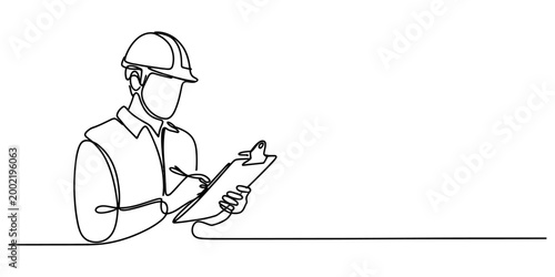 Continuous single line drawing of a construction worker wearing a safety helmet and holding a clipboard taking notes for site inspection Vector, illustration
