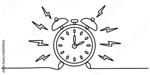 Continuous single line drawing of a ringing alarm clock showing time for waking up in the morning as a simple black outline icon Vector, illustration