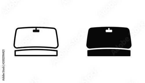 Car windshield with rearview mirror icon set featuring automotive glass design in clean outline and solid black silhouette styles for vehicle maintenance and repair UI elements isolated on white