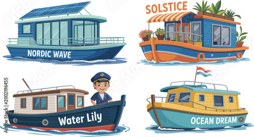 Vector illustration of unique houseboats with modern, cozy, and colorful designs featuring cabins, solar panels, and awnings