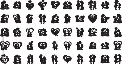 Large collection of small stylized black silhouettes depicting loving couples embracing and kissing along with various heart shapes representing love and romantic connections, silhouettes