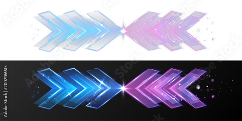 Futuristic neon arrow set in blue and purple colors with glowing edges and light particles. Dynamic direction indicators with mirrored variations, perfect for tech, UI, and motion design.
