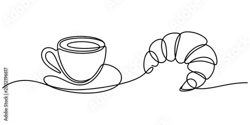 Continuous single line drawing of a cup of coffee and a fresh croissant pastry for breakfast Vector, illustration