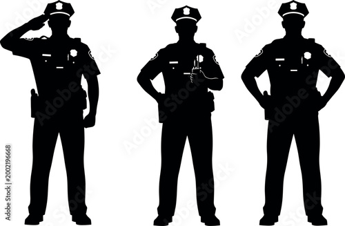 Black silhouette vector illustration of three male police officers in uniform saluting, using a radio, and standing with hands on hips.