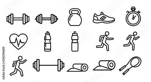 Set of fitness and gym line icons, including dumbbells, kettlebell, running shoes, stopwatch, heart rate