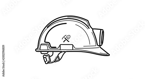 Mining hard hat with headlamp and pickaxe symbol, black and white line art illustration