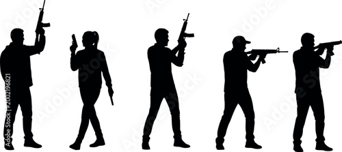 Action Movie Character Silhouettes Holding Assault Rifles and Handguns in Tactical Poses for Action Game Design and Movie Poster Art