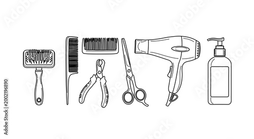 Pet grooming tools set line art illustration with brush, comb, scissors, clippers and hair dryer
