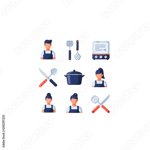Set of flat vector kitchen icons featuring male and female chef avatars in aprons, cooking utensils like spatulas, skimmers, crossed knife and spoon, a pot, and a countertop oven.