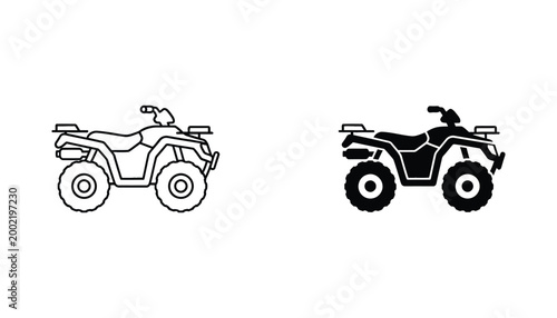Bild auf Leinwand ATV quad bike line drawing and solid black silhouette icons on white background