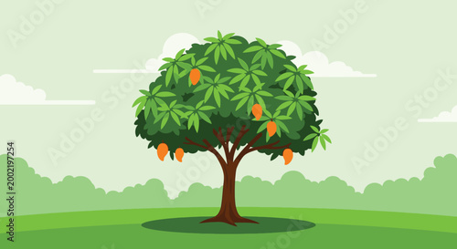 Pixel art mango tree with ripe orange fruits in a green grassy field