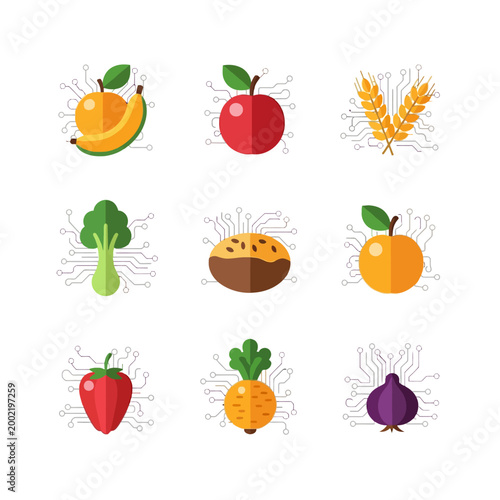 Nine vector icons of healthy foods including apple, banana, strawberry, and wheat, featuring integrated digital circuit board patterns, representing agtech and food science.