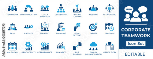 Corporate teamwork icon set featuring leadership, brainstorming, business strategy, cloud collaboration, project management, goal setting, and productivity analytics symbols.