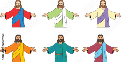 Vector illustration of welcoming Jesus figures in colorful robes with variations in symbolic artistic interpretations