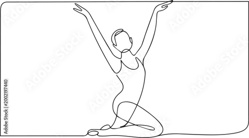 Continuous line drawing of a woman in a yoga pose with arms raised