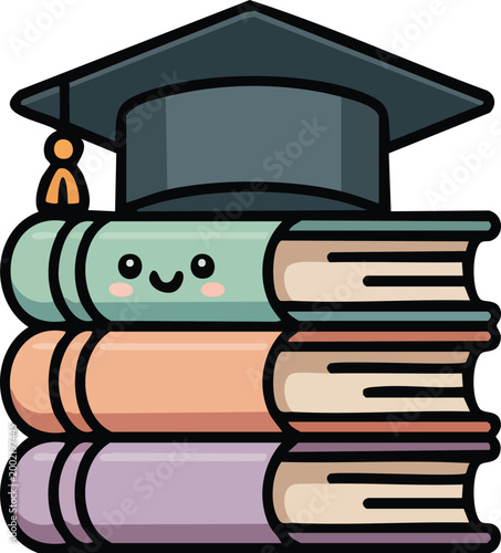 Cute Book Stack with Graduation Cap