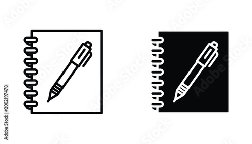 Spiral bound notebook and pen icon in outline and solid black vector styles