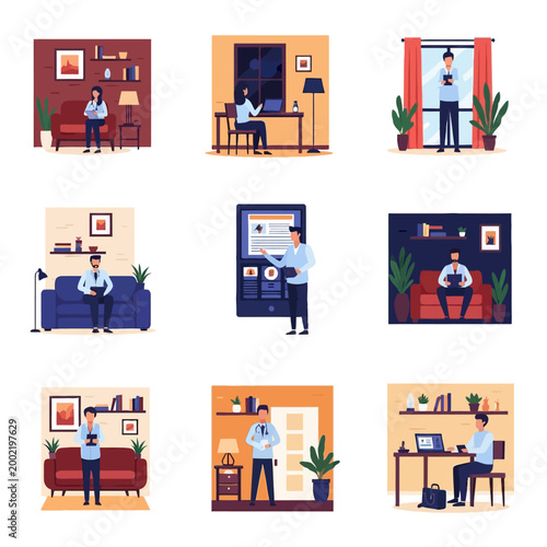 Collection of nine flat vector illustrations showing medical professionals and patients using laptops and tablets for telemedicine, remote consultations, and online healthcare services.