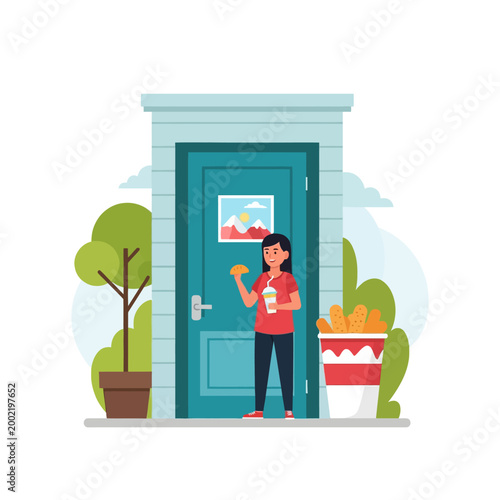 Flat vector illustration of a young woman standing in front of a teal door holding a taco and a drink with a straw, featuring a large container of snacks and a potted tree.