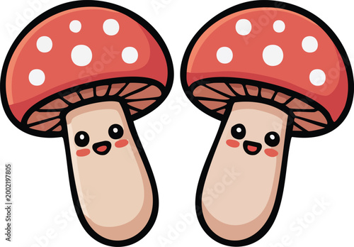 Cute Red Mushrooms with Smiling Faces
