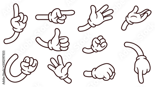 Valokuva Cartoon hands in gloves making various gestures and pointing collection