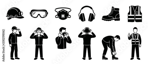 Personal Protective Equipment PPE Icons and Worker Figures Set for Industrial Safety, Construction Site Protocols, and Workplace Health Protection Requirements for Professionals in Hazardous Environme