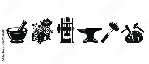 Mining and Ore Crushing Tools Vector Icons Set, Industrial Rock Processing Machinery, Mineral Extraction Equipment, Black Silhouette Symbols for Manufacturing, Metallurgy, Geology, and Construction De