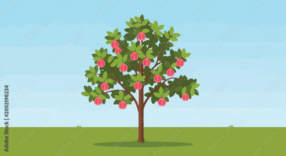 Fototapeta premium A colorful apple tree with red fruits standing in a green field