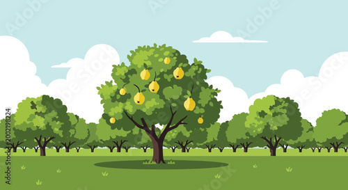 Pixel art pear tree growing in a sunny green fruit orchard farm