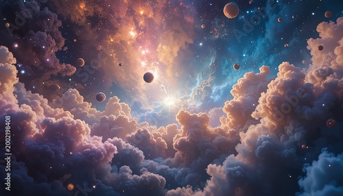 cosmic nebula with planets and bright starlight in vibrant space scene