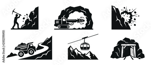 Mining Industry Icons Set, Industrial Excavation and Quarrying Symbols for Heavy Machinery, Ore Extraction and Tunnel Construction Process, Black Silhouette Vector Illustrations on White Background Is
