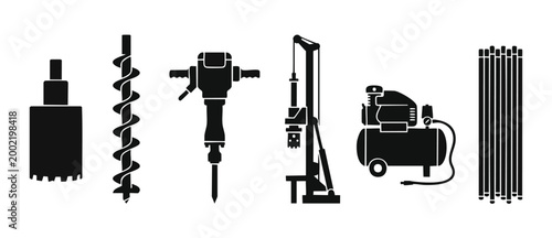 Construction Drilling Equipment Icons Set, Jackhammer and Boring Machinery Tools for Building Industry, Heavy Duty Industrial Worksite Gear Silhouettes for Engineering and Architecture Projects Isolat