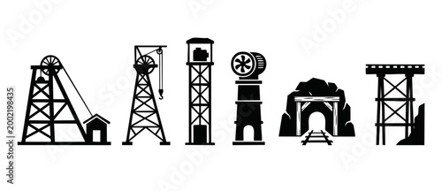 Mining Industry Equipment Icons Set, Underground Extraction Machinery and Infrastructure Symbols for Construction and Resource Engineering Projects, Industrial Mine Site Vector Illustration Collection