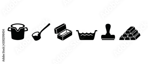 Gold Smelting and Refining Icons Set, Melting Pot and Gold Bars Graphics for Metallurgy Industry and Jewelry Production Process, Black Vector Silhouette Symbols Collection on White Background