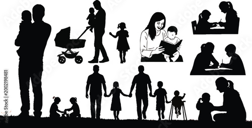Family silhouettes portray parents and children engaging in nurturing daily activities and bonding moments together.