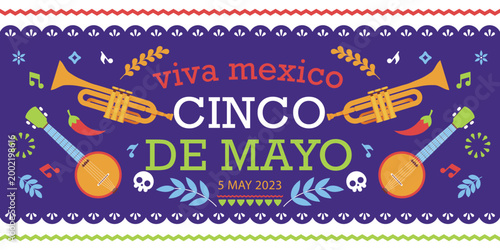 Festive cinco de mayo banner with musical instruments and vibrant decorations