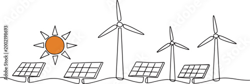 Clean renewable solar and wind power line drawing vector illustration for eco friendly electricity generation and sustainable future concept