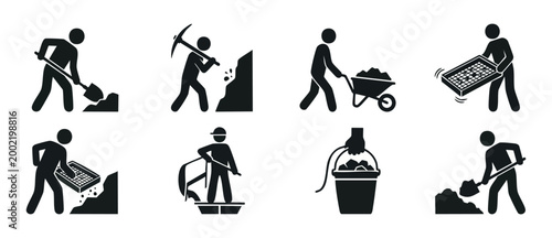 Mining work icons set, gold prospector digging and sifting minerals, heavy construction labor symbols, worker holding shovel, pickaxe, wheelbarrow and bucket, vector illustration of manual excavation.