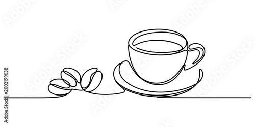 Continuous single line drawing of a cup of coffee and roasted coffee beans on a saucer for a simple minimalist cafe design concept Vector, illustration