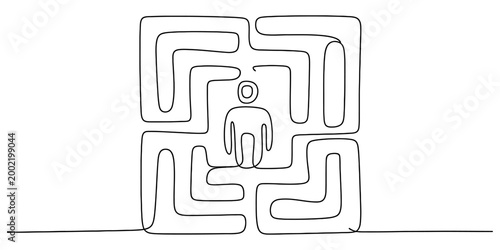 A single continuous line drawing of a person standing trapped in the center of a square maze representing confusion and challenge Vector, illustration